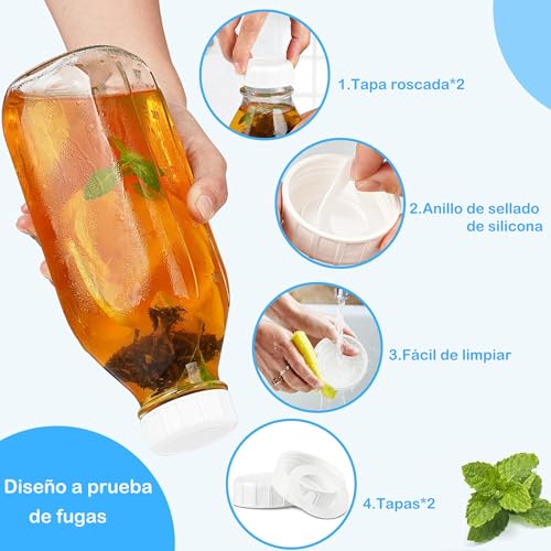 BYKNTEA 2 Piezas Botella de Vidrio para Leche con Tapa 1 Litro, 2 Tetinas y Adhesivo Antideslizante, Fácil de Limpiar, Jarra de Vidrio Grado Alimenticio para Jugo, Miel, Café