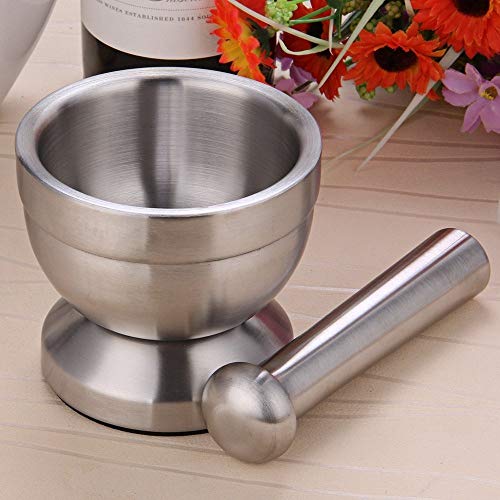 Double Stainless Steel Metal Mortar Salt And Pestle Pedestal Bowl Garlic Press Pot Herb Mills Pepper Spice Grinder Pugging Pot