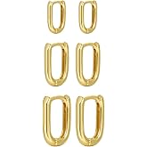 3 Pairs Chunky Gold Hoop Earrings Set for Women Dainty Rectangle Hoop Earrings Lightweight Small Huggie Hoop Earrings Hypoallergenic Minimalist Stud Earrings Trendy Jewelry