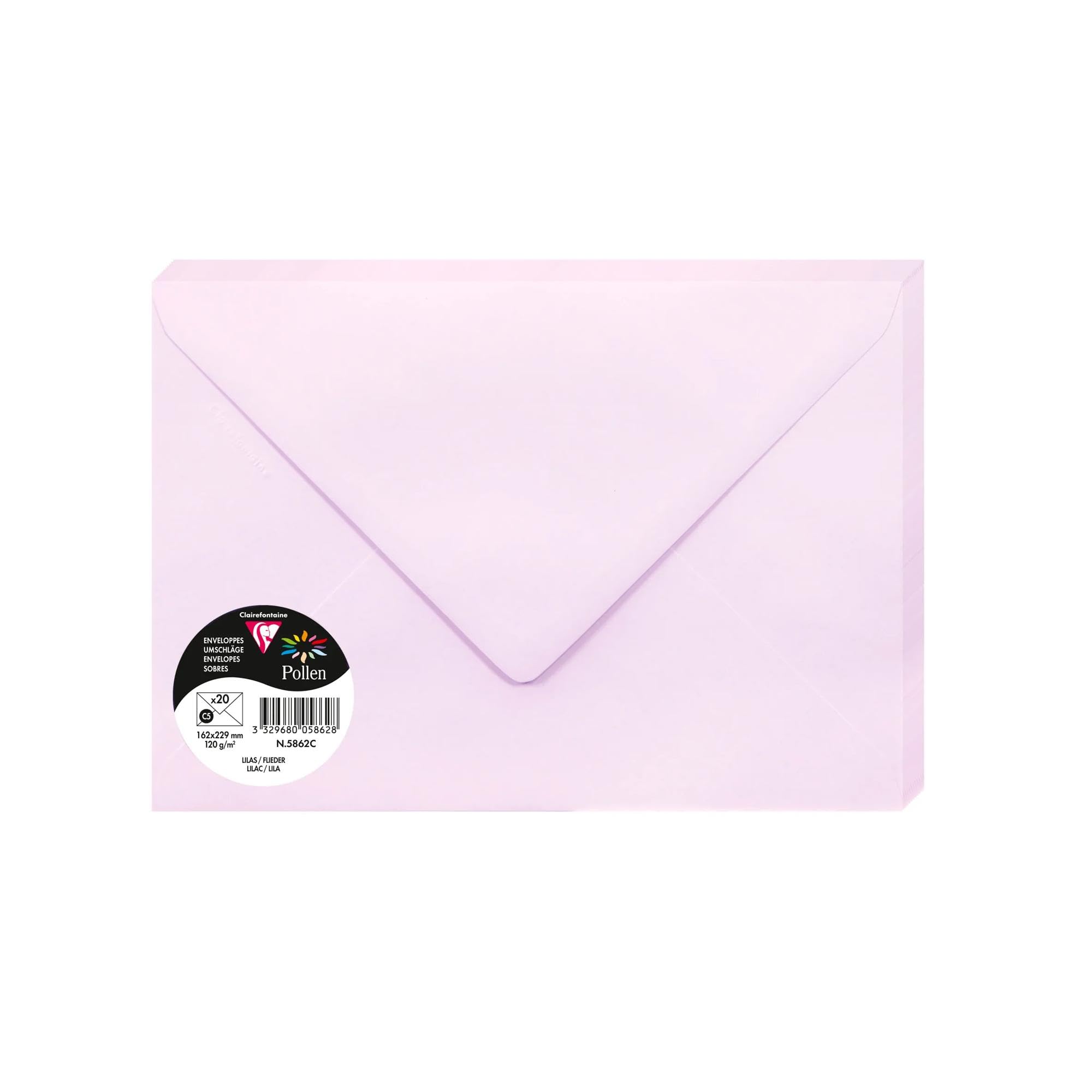 Clairefontaine 5862C Pack of 20 Gummed Envelopes Format C5 16,2x22,9cm 120gsm colour Lilac Invitation Events Correspondence Pollen Range Premium Smooth Paper