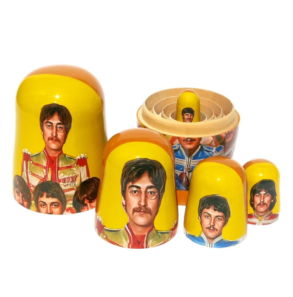 New The Beatles SGT. Pepper's Russian Style Nesting Doll 5 Piece Stacking Matryoshka Portrait Memorabilia Wooden Doll in Doll Set 5.5-6 Inches Tall