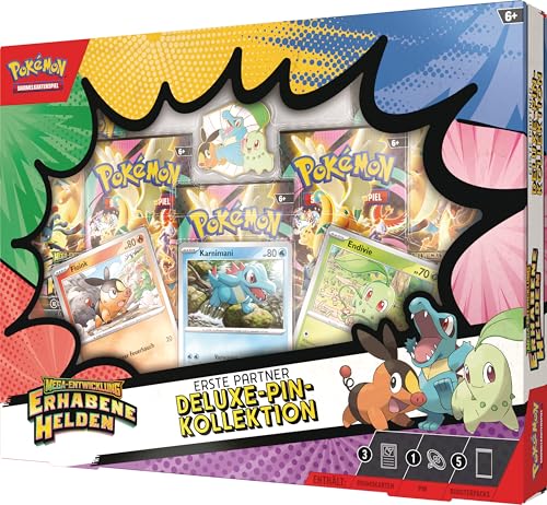 Pokémon-Sammelkartenspiel: Deluxe-Pin-Kollektion Mega-Entwicklung – Erhabene Helden: Erste Partner (3 holografische Promokarten, 1 Deluxe-Pin und 5 Boosterpacks) 3