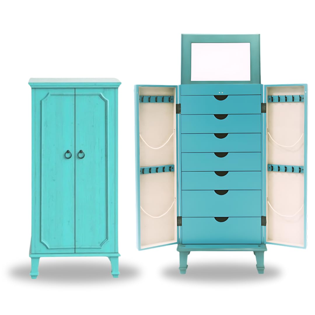 Photo 1 of ***DOOR IS BROKEN OFF /WOOD IS SPLIT AND FRSYED**FINAL SALE!!!!!!!!!!!!!!!!Hives and Honey Cabby Standing Jewelry Armoire – Fully Locking Wood Jewelry Storage with Mirror, 7 Drawers, Necklace Hooks, and Anti-Tarnish Lining — Turquoise
