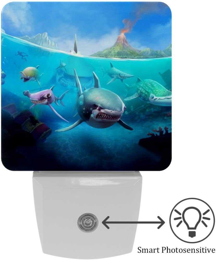Evolutions Hungry Shark World Plug-in LED Night Light with Dusk to Dawn Sensor Energy Efficient Light for Bedroom, Bathroom, Kitchen, Hallway, Stairs, Kids Room, Warm White