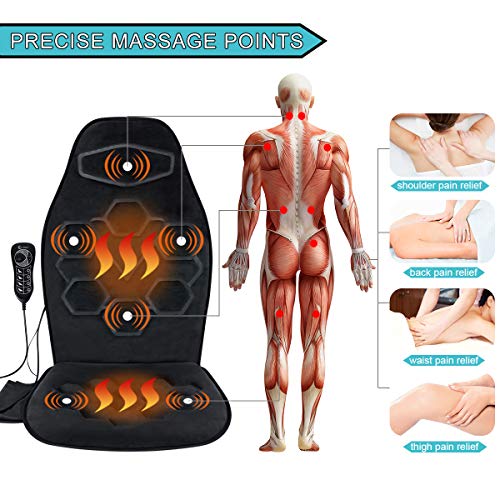 Comfitech Car Seat Back Massager Chair Pad Cushion with Heat, 6 Vibrating Motors for Office, Auto, Home (Black)