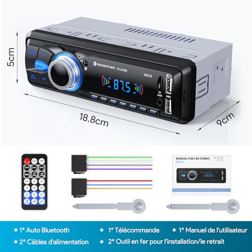 Chismos Bluetooth Handsfree 5.0 FM Radio Car Radio 1 Din for 9-12V Car Supports 2 USB/AUX/SD/TF/MP3, Supports iOS/Android