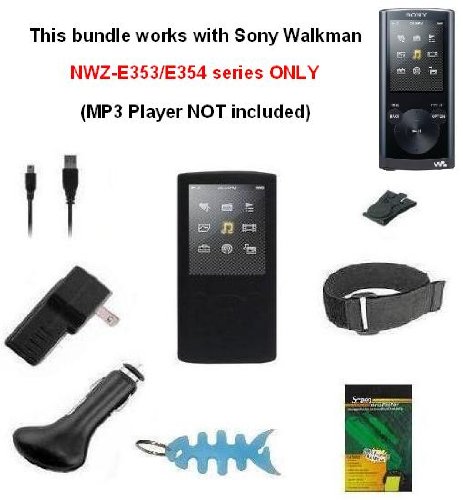 8 Items Accessory Combo Kit for Sony Walkman NWZ-E353 & NWZ-E354 Series: Includes Black Silicone Skin Case Cover, Armband, Belt Clip, LCD Screen Protector, USB Wall Charger, USB Car Charger, 2in1 USB Data Cable and Light Blue Fishbone Style Keychain