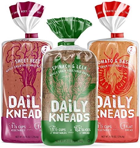 Daily Kneads Bread Whole Grain Veggie Bread + Flatbread Combo Variety 3-Pack | Sweet Beet, Spinach & Leek, Tomato & Basil | 1 Vegetable Bread Loaf, 2 Veggie Flatbreads (40.5 oz total) | All natural