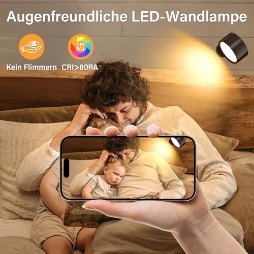 Wandleuchte Ohne Stromanschluss, Akku Wandleuchte mit Fernbedienung 10 Helligkeitsstufen & 3 Farbmodi, LED Wandleuchte Kabellos 360° Drehbar, Akku Wandleuchte Innen Magnetisch,USB Wandlampe 2 Stück