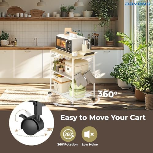 DAYONG Rolling Microwave Cart, 3-Tier Kitchen Storage Rack with Wheels, Mobile Shelving Unit Organizer Utility Cart for Small Spaces, Kitchen, Living Room, Balcony, Coffee Bar, Office (White)