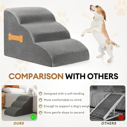 Beauenty Dog Stairs Ramp for Beds & Couches, Extra Wide Pet Steps with Non-Slip Fabric, Ideal Dog Ramp for Bed, Perfect Dog Stairs for Small Dogs and Cats,Grey,3-Tiers