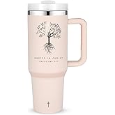 Christian Tumbler with Handle and Straw, 40 oz Christian Travel Mug with Inspirational Bible Verse, Inspirational Religious Faith Jesus God Gifts for Women, Stainless Steel Insulated Coffee Cup