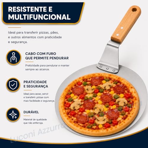 Pá de Pizza Redonda em Aço Inoxidável, 31cm, com Cabo de Madeira, para Pizza, Pães e Massas