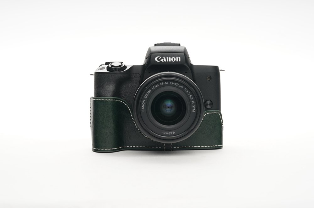 Handmade Genuine Real Leather Half Camera Case Bag Cover for Canon EOS M50 Green color