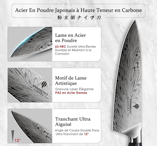 SANMEIHO Professional Kitchen Knife Set 5 Pieces, Japanese Powder Steel 63 HRC, Ultra Sharp Kitchen Knife Set 12°, Natural Wood Handle