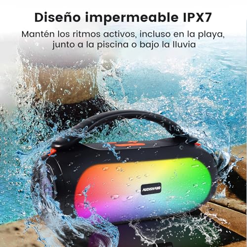 AUDISHAKO Bocina Bluetooth ADS-800, Bocina Portátil Impermeable IPX5 con RGB Boombox, Mango Iluminado, 800W, 3 Modos EQ, Recargable, USB/AUX/TF para Viaje, Fiesta y Hogar