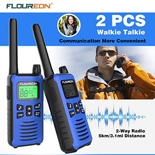 FLOUREON Talkie-Walkie Rechargeable Lot de 4 16 Canaux Radio Bidirectionnelle comme Jouet Emetteur-récepteur Portée 5km Max. Intercom Léger Compact Auto Scan Bleu