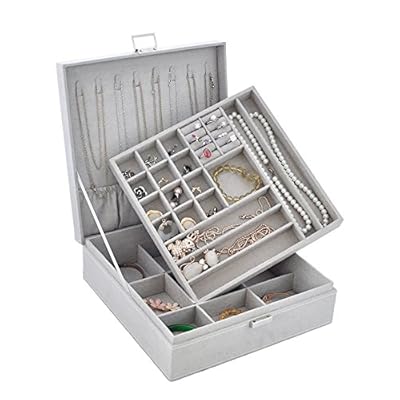 NIRONG LAVIE Bo&icirc;te &agrave; bijoux pour femme, Bo&icirc;te &agrave; bijoux en daim 2 couches 36 compartiments Collier Organisateur de bijoux avec serrure Grand porte-bijoux pour boucles d'oreilles Bracelets Bagues Pr&eacute;sentoir Cadeaux pour filles, gris