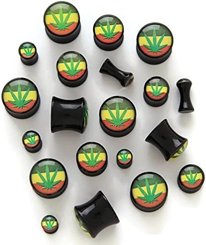 Rasta Pattern &amp; Pot Leaf Acrylic Saddle Plugs - Sold by Pair (Choose Size) (2G (6mm))