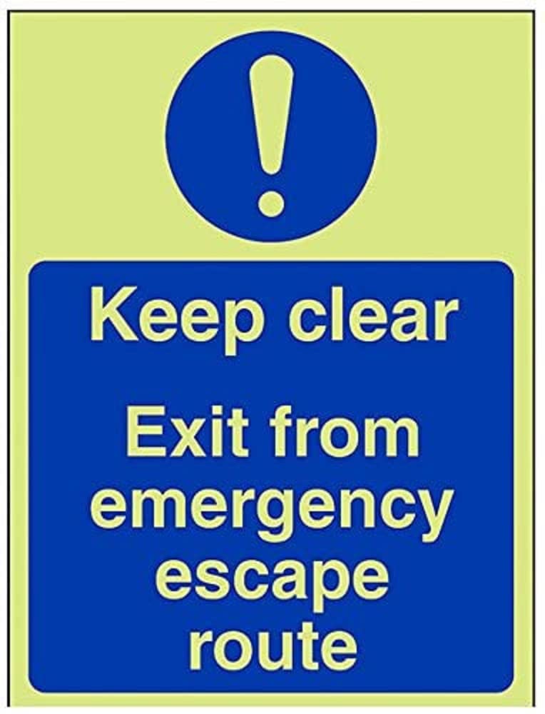 VSafety Glow In The Dark Keep Clear Exit From Emergency Escape Route Sign - 150mm x 200mm - Rigid Plastic