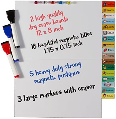 Pirrox Magnetic Dry Erase Board set with dry erase magnetic markers, and magnetic titles (Large Set)
