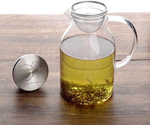 Glass Pitcher With Lid By Golden Spoon: Durable 68oz Glass Carafe With Airtight Cap - MicrowavFreezer Safe Borosilicate Glass For Hot And Cold Liquids - Comes With 2 Stirrers And A Strainer (68 oz)