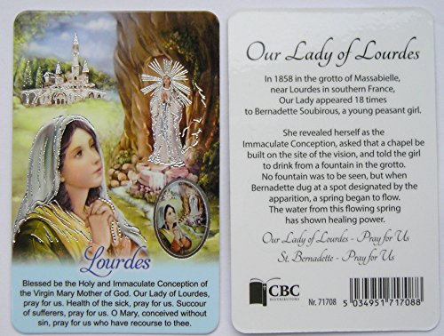 Lourdes Prayer Card with Resin Drop Picture Medal
