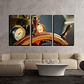 3 Piece Canvas Wall Art - Wood Steering Wheel in Big Ship - Modern Home Art Stretched and Framed Ready to Hang - 16"x24"x3 Panels
