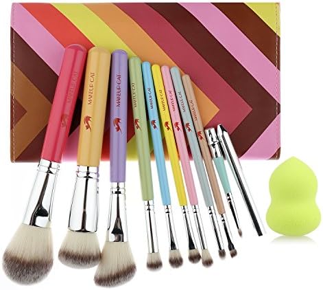 MAKEUP CAT 10 pieces Professional Make up Brushes Set Rainbow Cosmetic Brushes with travel Pouch premium Synthetic Makeup Foundation Brush Eyeliner Blush Contour Brush set for Powder Cream Concealer