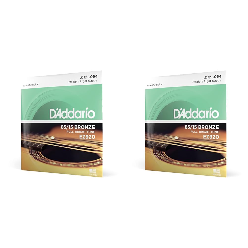 D'Addario Guitar Strings - Acoustic Guitar Strings - 85/15 Bronze - For 6 String Guitar - Full, Bright Tone - EZ920 - Medium Light, 12-54 (Pack of 2)