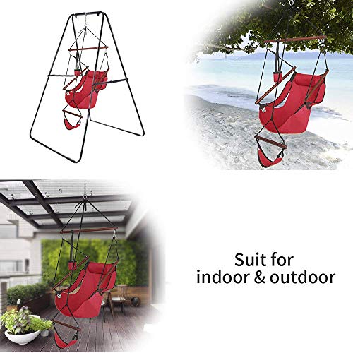 ONCLOUD Upgraded Unique Hammock Hanging Sky Chair, Air Deluxe Swing Seat with Rope Through The Bars Safer Relax with Fuller Pillow and Drink Holder Solid Wood Indoor/Outdoor Patio Yard 250LBS (Red) - Thumbnail 6