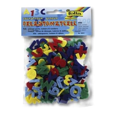 folia 5251 - Filzstanzteile Buchstaben und Zahlen ca. 25 mm hoch, 200 teile, farbig sortiert
