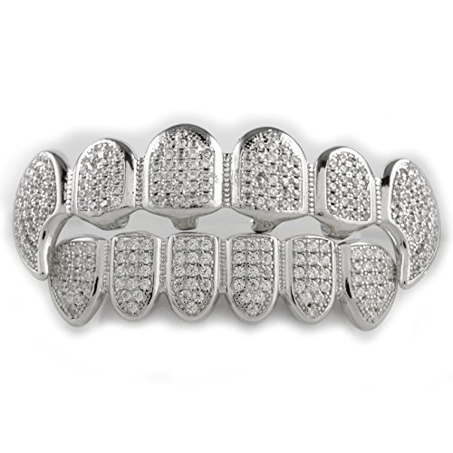 .925 Sterling Silver CZ Vampire Fangs Top Bottom CUSTOM GRILLZ SET