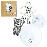Fluffy Pom Keychain. Give a Gift of Friendship! Furball Keychain with Rhinestone Teddy Bear. For Purses and Bags.