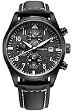 OCHSTIN Aviator Mens Military Chronograph Watch Black Leather Band Date Quartz Analog Pilot Watches