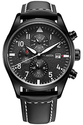 OCHSTIN Aviator Mens Military Chronograph Watch Black Leather Band Date Quartz Analog Pilot Watches
