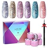 Azure Beauty Glitter Gel Nail Polish 6 Colors Set + Painting Pen, Super Shiny Platinum Gel Polish Soak Off UV LED Nail Gel Nail Art 5ML