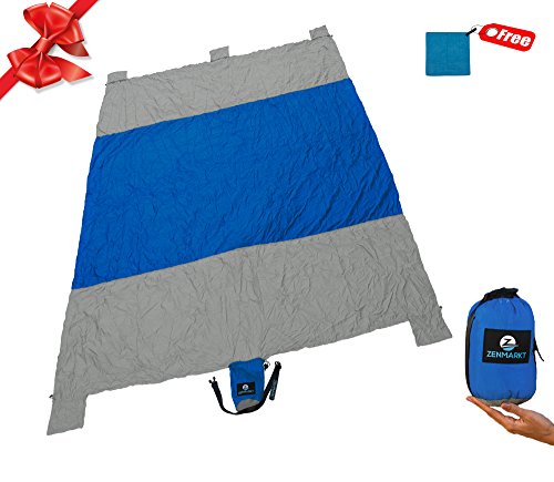 Zenmarkt Sand Proof Beach Blanket: Compact Outdoor Travel Blanket in Carry Pouch + Microfiber Towel as Gift | 9'X7' Sandproof Water/Wind Resistant Parachute Nylon Beach Mat For Picnic, Hiking, Camping