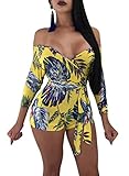 Women's Sexy Off Shoulder Jumpsuit Short Romper 3/4 Sleeve Floral Belt