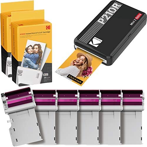 Kodak Mini 2 Retro 2.1×3.4” Portable Photo Printer (60 Sheets), Wireless Connection, Compatible with iOS, Android & Bluetooth, Real Photo, 4PASS & Lamination Process, Premium Quality- Black