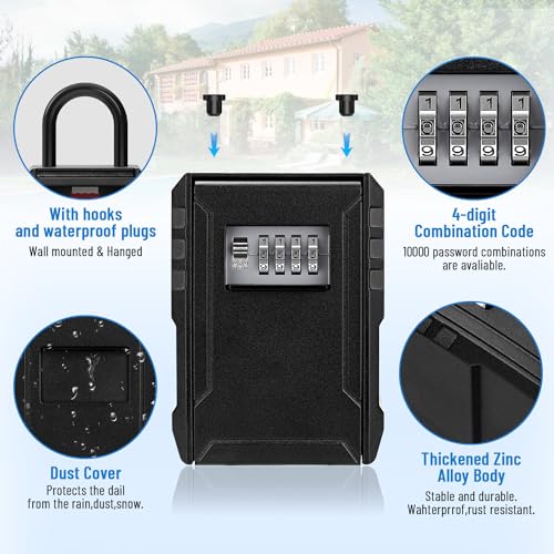 NEWIROVE Key Safe Large Key Box with Hook Waterproof Key Safe Box for Home, School, House for Rent, Black