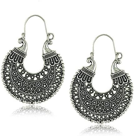African Tribal Gypsy Antique Silver Chandelier Hoop Earrings For Women Carved Hollow Vintage Ear Piercing Jewelry