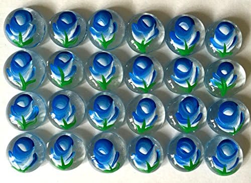 Jazzy Glass Gems, Hand Painted Set of 24, Party Supplies, Party Favors, Decoration, Mosaic Tile, Table Confetti, Crafts, etc., Blue Rosebuds / Blue Roses