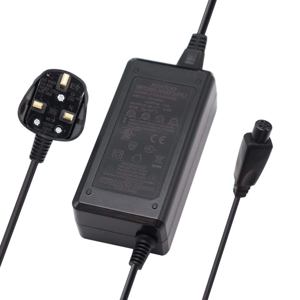xiixtoo 24V 2A E-bike Quad Moped Electric Scooter Charger for E100, E100S, E125, E150, E200, E300, E500S, X250, PR200, MX350 - Black, 3-pin Female Inline Connector, 12mm Conversion Plug