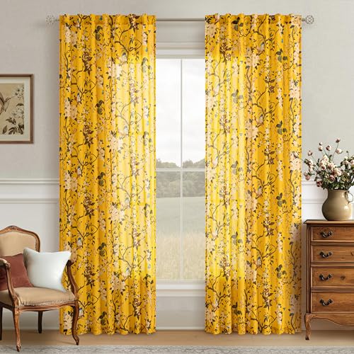 Mustard Yellow Floral Linen Curtains