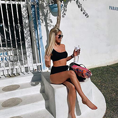 Advoult High Waist Bikini Sets for Women Two Piece Fashion Swimsuit One Shoulder Bathing Suits Swimwear Black - Thumbnail 3