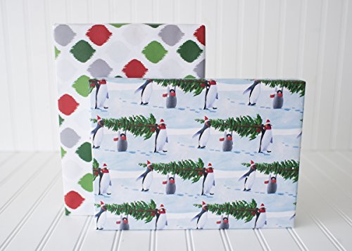 Penguins Carrying Christmas Trees - Reversible Holiday Wrapping Paper - Eco Gift Wrap Allport Editions x Wrappily
