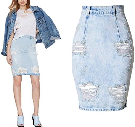 Jingjqingcao Women High Waist Push up Denim Skirts Ripped Vintage Jeans Skirt Knee-Length Fashion Skirt Sky Blue XXL