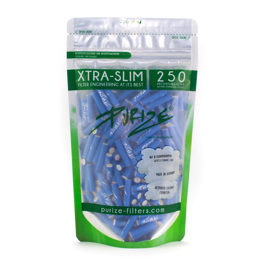 Xtra Slim Filter Tips Bags with Activated Charcoal by Purize (x250)-250pcs-Blue