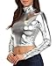 Sakkas 141786 Metallic Liquid Mock Neck Turtleneck Long Sleeve Crop Top - Made in USA - Silver - L